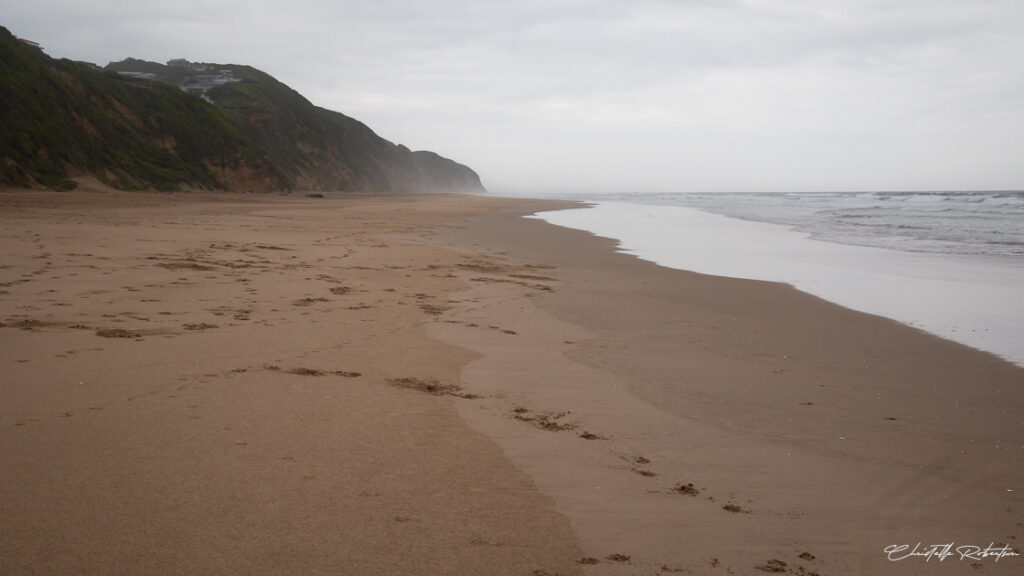 A misty, overcast day on a deserted beach with soft sand, gentle waves, and green cliffs in the background.